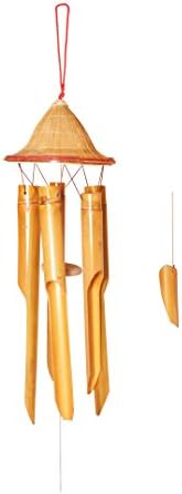 South Asia Trading Bamboo Wind Chime – Wooden Wood Windchime – Handmade – 18 inches Wood, 32 inches top to Bottom – Traditional Asian Hat on Top (5070)