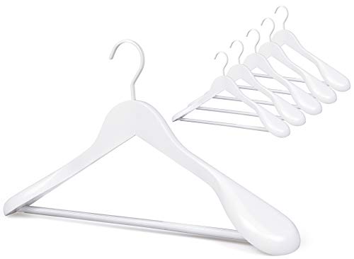 TOPIA HANGER (Set of 6 White Luxury Wooden Coat Hangers, Wood Suit Hangers,Glossy Finish with Extra-Wide Shoulder, Thicker Chrome Hooks & Anti-Slip Bar CT02W