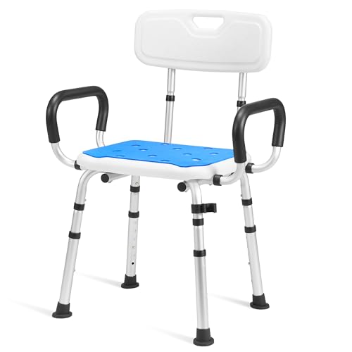 Careboda Shower Stool for Seniors, Shower Chair with Armrests and Backrest, Bathroom Stool 136 kg, Height Adjustable, up to 136 kg, Bath Chair for Seniors