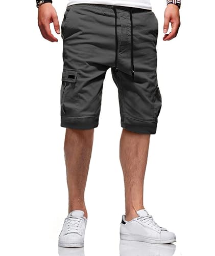 JACKETOWN Men's Cotton Cargo Shorts - Summer Casual Bermuda Shorts With Elastic Waist