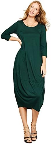 Tabeez Women's Casual 3/4 Sleeve and Long Sleeve Loose Bubble Jersey Shift Cocoon Midi Dress (Made in The USA)
