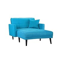 Mid Century Modern Linen Fabric Sleeper Chaise Lounge - Futon Sleeper Single Seater with Matching Accent Pillow & Reclining Backrest (Sky Blue)