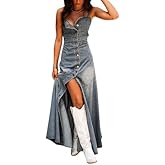 Ru Sweet Women's Spaghetti Strap Smocked Back Denim Dress Button Down A-Line Swing Flowy Maxi Jean Dress