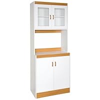 Home Source Industries - 153BRD - Tall Kitchen Microwave Cart - Cabinets, Shelf and Glass Doors - White with Light Wood Trim