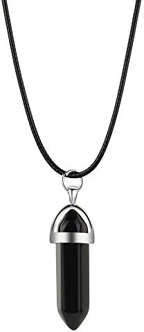 Nature Stone Necklace, Shybuy Women &Men Fashion Hexagonal Chakra Pendant Bullet Crystal Pendant Gemstone Pointed Quartz Stone Pendants Necklace (B)