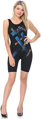 JJJ Women Catsuit Cotton Lycra Tank Bermuda Short Yoga Bodysuit Jumpsuit w/Hand Printing Art Works