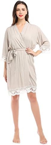 Women's Soft Cotton Robe For Bride and Bridemaid With Floral Lace Nightwear(Small,Khaki)