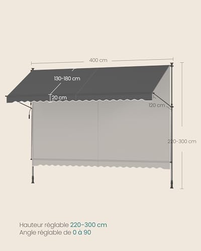 SONGMICS GSA402G02 Retractable Awning Manual Awning Height Adjustable with Crank for Balcony, Garden, Terrace, 400 x 180 cm, Charcoal Grey