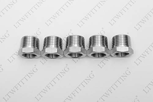 LTWFITTING Bar Production Stainless Steel 316 Pipe Hex Bushing Reducer Fittings 1/2" Male x 3/8" Female NPT Fuel Water Boat (Pack of 5)