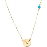 HotMixCold Circle Initial Charm Necklace and Small Gemstone Bead, Personalized Disc Necklace, Turquoise Birthstone Jewelry, 14k Rose Gold Fill, 925 Sterling Silver or 14k Gold fill