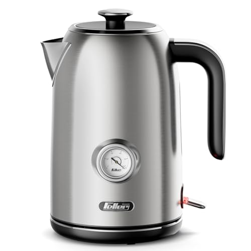 Feller Germany, Retro Style 1.7L Kettle with Thermometer, 2200 W, Stainless Steel Body, STRIX Controller, Dry Boil & Automatic Switch-Off, Ek200, 2Y Guarantee-UAE Version (Stainless Steel)