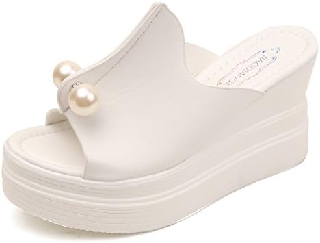 Women's Beading Wedge Sandals Platform Peep Toe Summer Slippers(7,White)