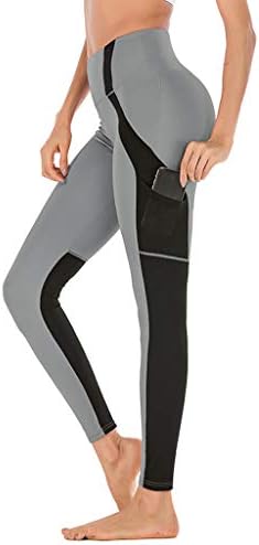 Yoga Pants for Women High Waist Tummy Control Patchwork Leggings Pants with Pockets Gray