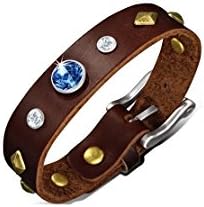 Genuine Brown Leather Gold Color Square Pyramid Stud Belt Buckle Bracelet with Clear &amp; Blue Sapphire CZ Length: 9.6"