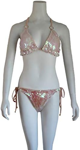 Lyguy Swimsuit, Women Two Piece Bikini Set Halter Triangle Bra Low Waist Side Tie Thong Glitter Fish Scales Sequins Solid Color Metal Ring Swimsuit 3# S