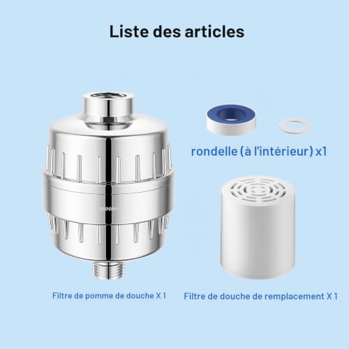 Filtre de Douche Universel, Purificateur d'Eau à 15 Étapes avec Vitamine C, Adoucisseur d'Eau Anti-Chlore et Métaux Lourds, Soin de la Peau et des Cheveux, Compatible avec G1/2'' de Douche