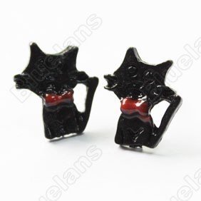 Black Cat Red Bow Stud Post Earrings