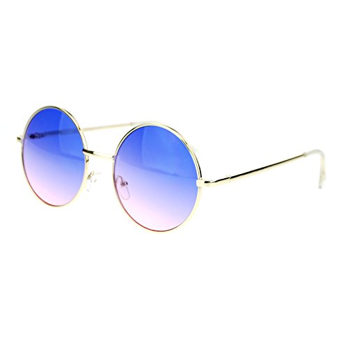 2 Tone Color Lens Retro Vintage Style Round Circle Hippie Groovy Sunglasses Blue Pink