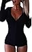 Moxeay V-Neck One Piece Bodysuit Long Sleeve Bodycon Rompers Medium Black