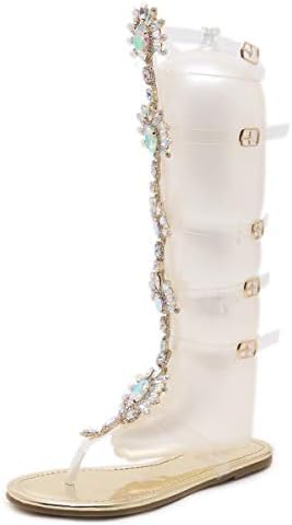 Dear Time Women Gladiator Flats Sandals Summer Rhinestone Ankle Strap Buckle Transparent Strip Knee-High Beach Shoes