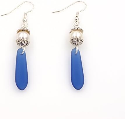 Royal Blue Recycled Glass Puffed Petal Dangle Earring - Light Cream Crystal Pearls 1.5-in