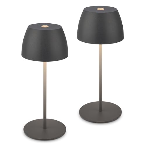 BRILONER - Set of 2 Mini Rechargeable LED Table Lamps, Cordless, IP44, Touch Control, Dimmable, LED Light, Battery Table Lamp, Bedside, Cordless, Camping, Outdoor, 8x20 cm, Anthracite