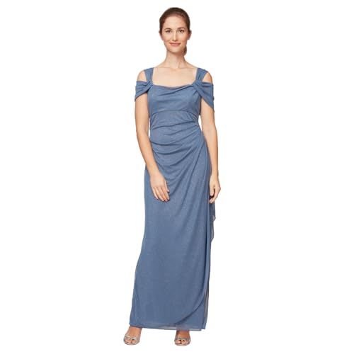 Alex Evenings Women's Long Cold Shoulder Dress (Petite and Regular Sizes) Mother of The Bride, Dusty Blue Glitter Missy, 12