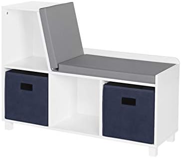 RiverRidge Book Nook Collection Kids Reading Nook and White Cubby Storage Bench With Navy Bins Toy Storage with Comfy Cushioned Seat And Cubbies Toy Organizer Book Nook Storage Bench
