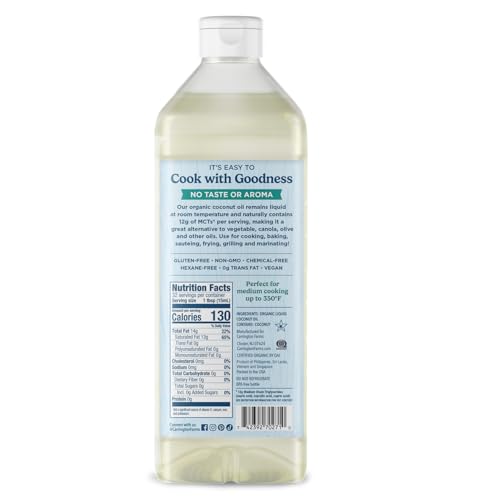 CARRINGTON FARMS ORGANIC LIQUID COCONUT COOKING OIL, 32 FL OZ –UNFLAVORED, UNSCENTED, HIGH SMOKE POINT, MCT-RICH, NO TRANS FAT – FOR COOKING, SAUTÉING, FRYING & BAKING – GLUTEN FREE, NON-GMO, HEXANE FREE, BPA FREE BOTTLE