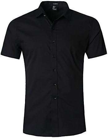 GILBETI Men's Slim Fit Solid Dress Shirts Button Down Cotton Short Sleeve Shirt Black LARGE