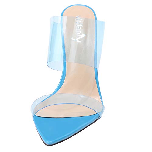 vivianly Womens Sexy Clear High Heels Transparent Strap Pointed Toe Mules Sandals Stiletto Heel Slip on Dress Shoes Blue