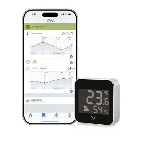 Eve Weather (Matter) – Smarte Wetterstation, Temperatur, Luftfeuchtigkeit, Wettertrend, IPX4-Wasserbeständigkeit, kabellos, Google/Alexa/Siri-Sprachzugriff, Thread Border Router erforderlich, Schwarz