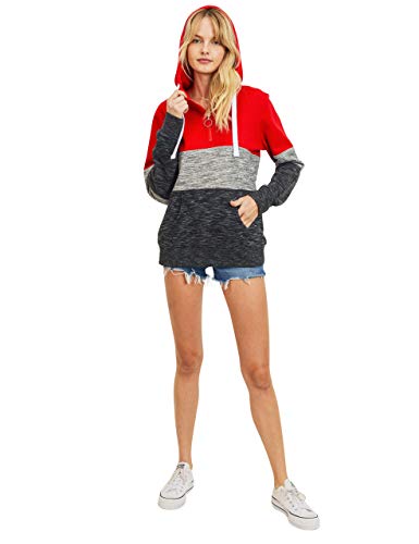 Women's Ultra Soft Fleece Tri-Color Block 1/4 Zip-Up Pullover Hoodie Sweatshirt, Red, Large