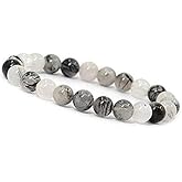Crystal Agate Bracelets - Manifestation Bracelet - Natural Black Rutile Beaded Stretch Bracelet 8mm - Unisex Adult Yoga Bracelet - White-Black