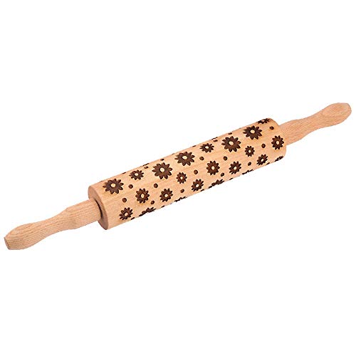 STEPRAE Wooden Embossed Rolling Pin with Engraved Pattern, Dough Roller for Pastry with Wooden Handle & Nonstick Surface (Small Flower)