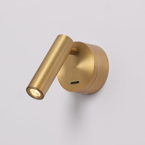 DAWALIGHT Bedside Lamp with Switch LED 3 W 3000 K Warm White 320° Adjustable Wall Light for Indoor Bedroom Living Room Aluminium, Brass
