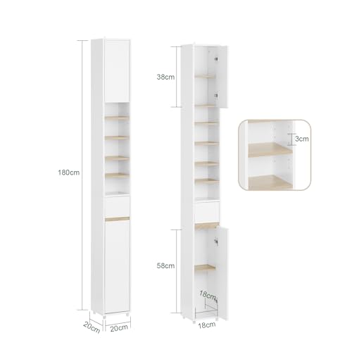 SoBuy Muebles para Baño, Organizador de Baño Estrecho, Mueble Esquinero para Baño, Armario de Almacenamiento Baño, Armario Alto con Cajón y Estantes Ajustables, de 180cm(Natural BZR34-WN)