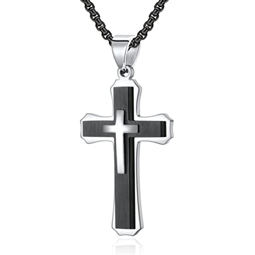 KOMI Mens Cross Crucifix Pendant Necklace High Polished Stainless Steel Jesus Christ Cross Necklace Packed in Jewelry Pouch
