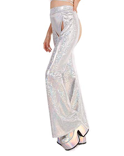 iHeartRaves Soul Sparkle Holographic High Waisted Chaps (Silver, Large)