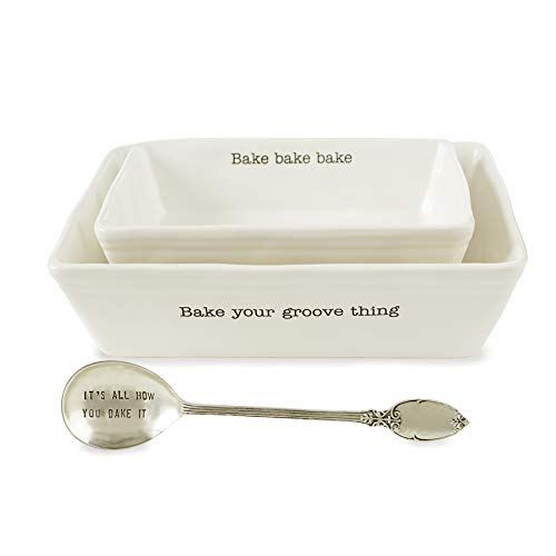 Mud Pie 48010008 Farmhouse Inspired Set of 2 Serving Spoon Baking Dish Set, One Size, White