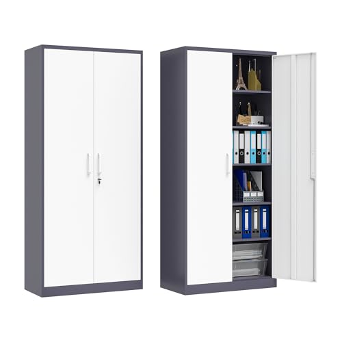 Metal Locking Storage Cabinet with 2 Doors and 5 Adjustable Shelves, 71" Tall Steel Garage Storage Cabinets for Home Office, Garage, Living Room, Pantry, Tool Organizer(Gray White)