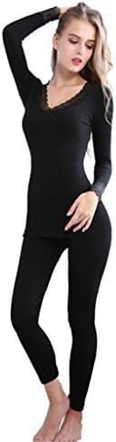 Dafina Specialties Women's Bamboo Fiber Lace V neck Seamless Thermal Underwear Suits Top & Bottom Pajama Sets