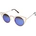 zeroUV Womens Fashion Round Metal Cut-Out Flash Mirror Lens Cat Eye Sunglasses (Gold/Blue Mirror)