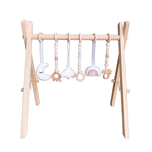 AM ANNA Wooden Baby Gym with 6 Wooden Baby Gym Hanging Toys, Foldable Wooden Activity Baby Play Gym Hanging Bar Newborn Gift Baby Girl and Boy Gym (Natural Color with 6 Hanging Toys)