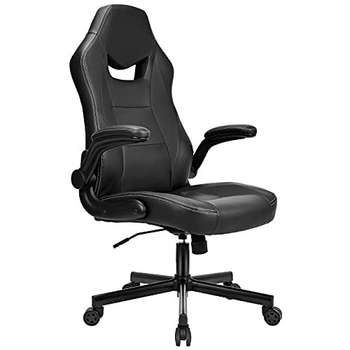 BASETBL-Silla-Oficina-Ergonomica-Silla-Gaming-Cuero-PU-con-Altura-Ajustable-Silla-Racing-Apoyabrazos-Abatibles-Silla-Escritoria-Giratoria-Carga-Max-150kg-Negro