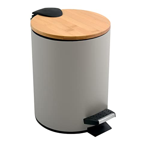 Spirella Adonis Cosmetic Bin 3 Litres Stainless Steel Bamboo with Soft-Close Mechanism and Inner Bucket, Bathroom Accessory Waste Bin Taupe