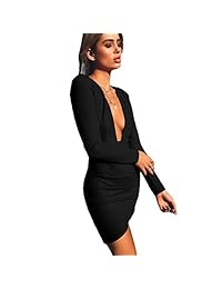 Vestido ajustado de mujer de PORRCEY Mini vestido de manga larga con cuello en V profundo Club nocturno
