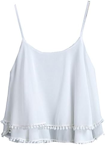 Women Spaghetti Strap Double Layers Chiffon Vest Tank Top (US 6, White)