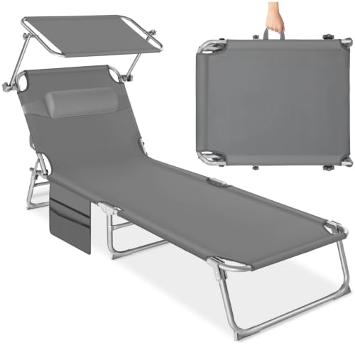 ® Tumbona 190x68x111 cm, Plegable, Ajustable 6 Posiciones, Resistente a Intemperie, Transpirable, con Toldo, Reposacabezas, Bolsillo Lateral y Asa Transporte; Tumbona Jardín y Acampada - Gris