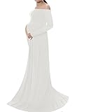Saslax Maternity Chiffon Gown Split Front Maxi Photography Dress for Photo Shoot,White(cotton),Large